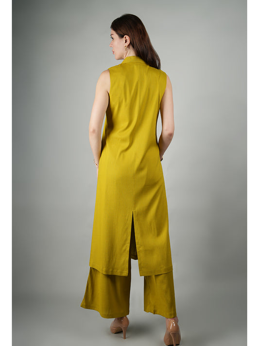 Exude Lustrous Long Jacket , Top with Wide Leg Trouser Lime Green Co-ord Sets