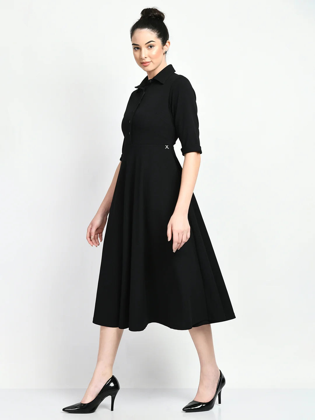 Exude Serenity Fit and Flared Shirt Midi Dress Black Dresses