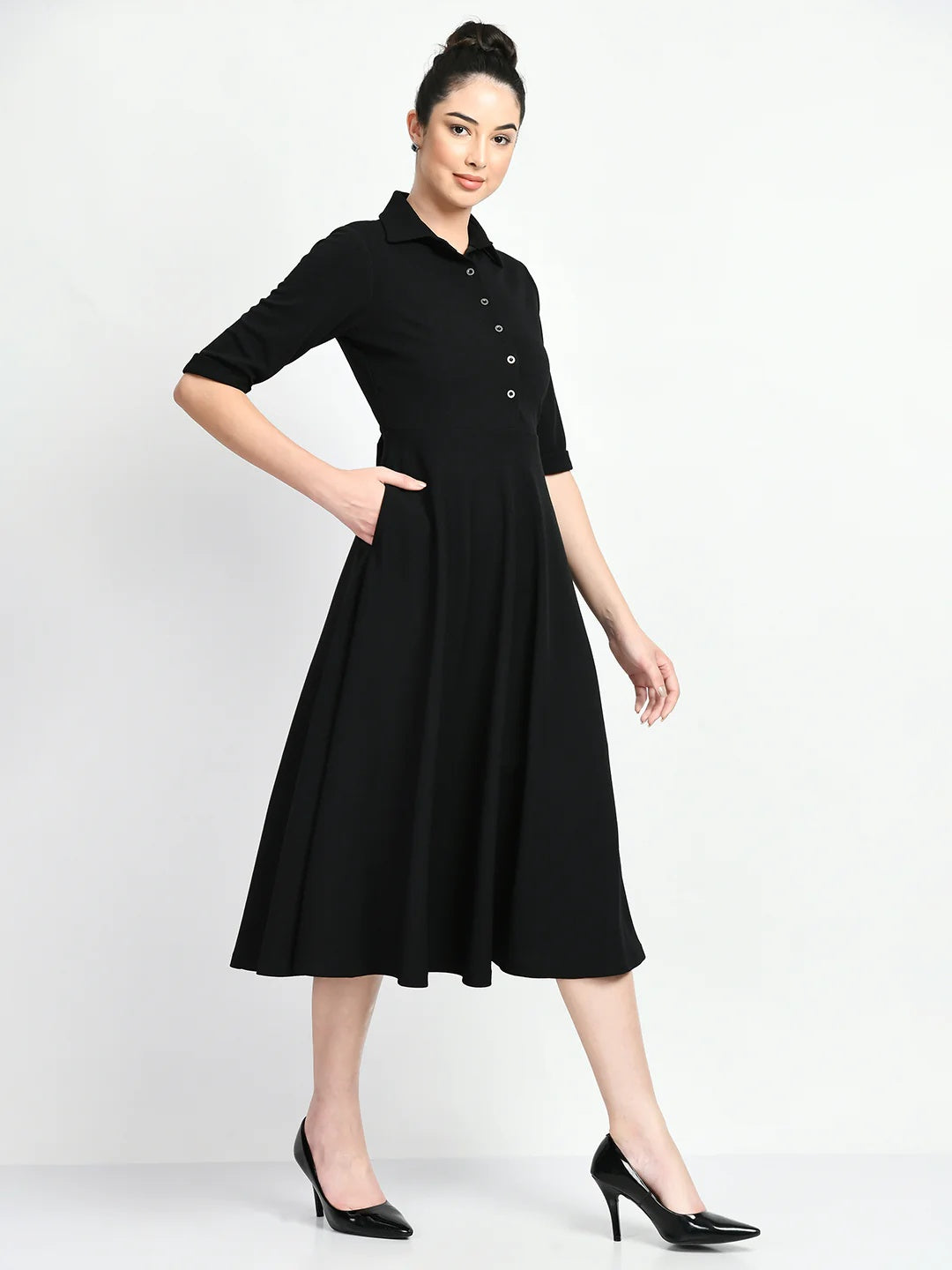 Exude Serenity Fit and Flared Shirt Midi Dress Black Dresses