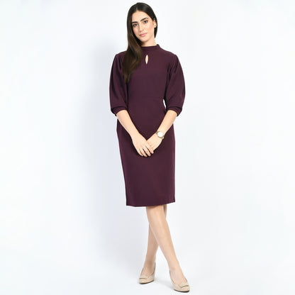 Exude Allure Puffed Sleeves Sheath Dress (Wine)