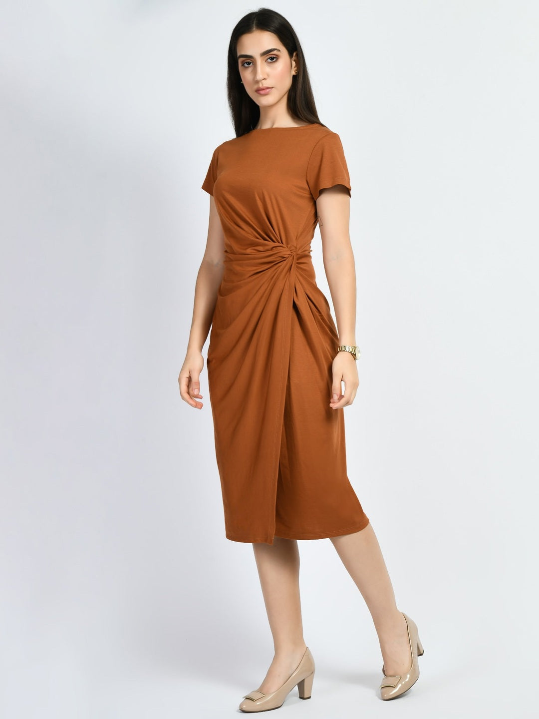 Exude Luminosity Side Knot Wrap Dress Tan Brown Dresses