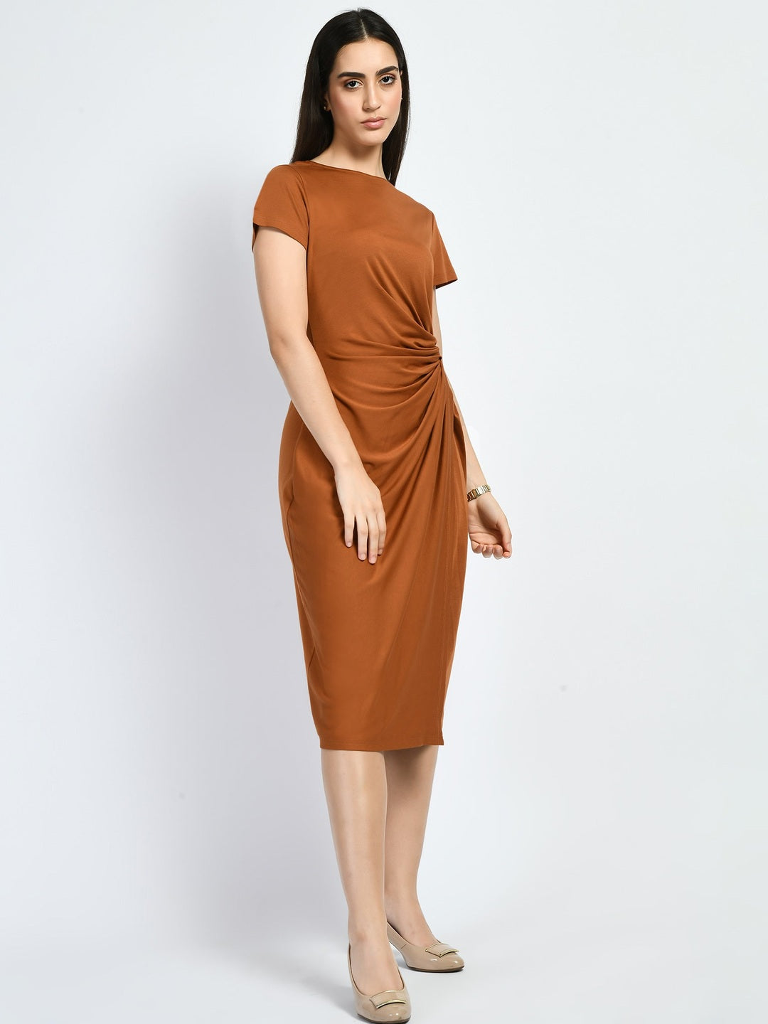 Exude Luminosity Side Knot Wrap Dress Tan Brown Dresses