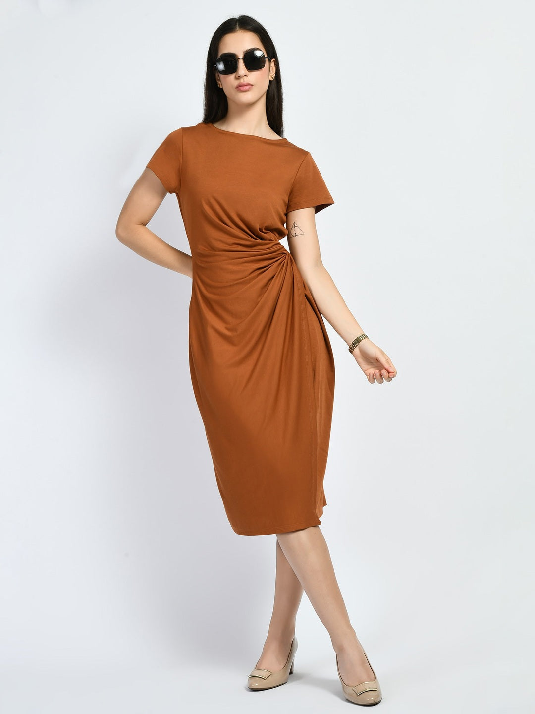 Exude Luminosity Side Knot Wrap Dress Tan Brown Dresses