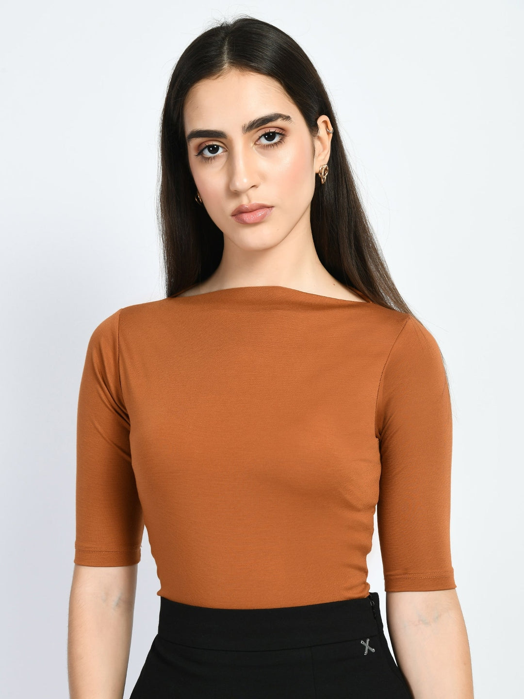 Exude Magic Boat Neck T-shirt Tan Brown T-Shirts