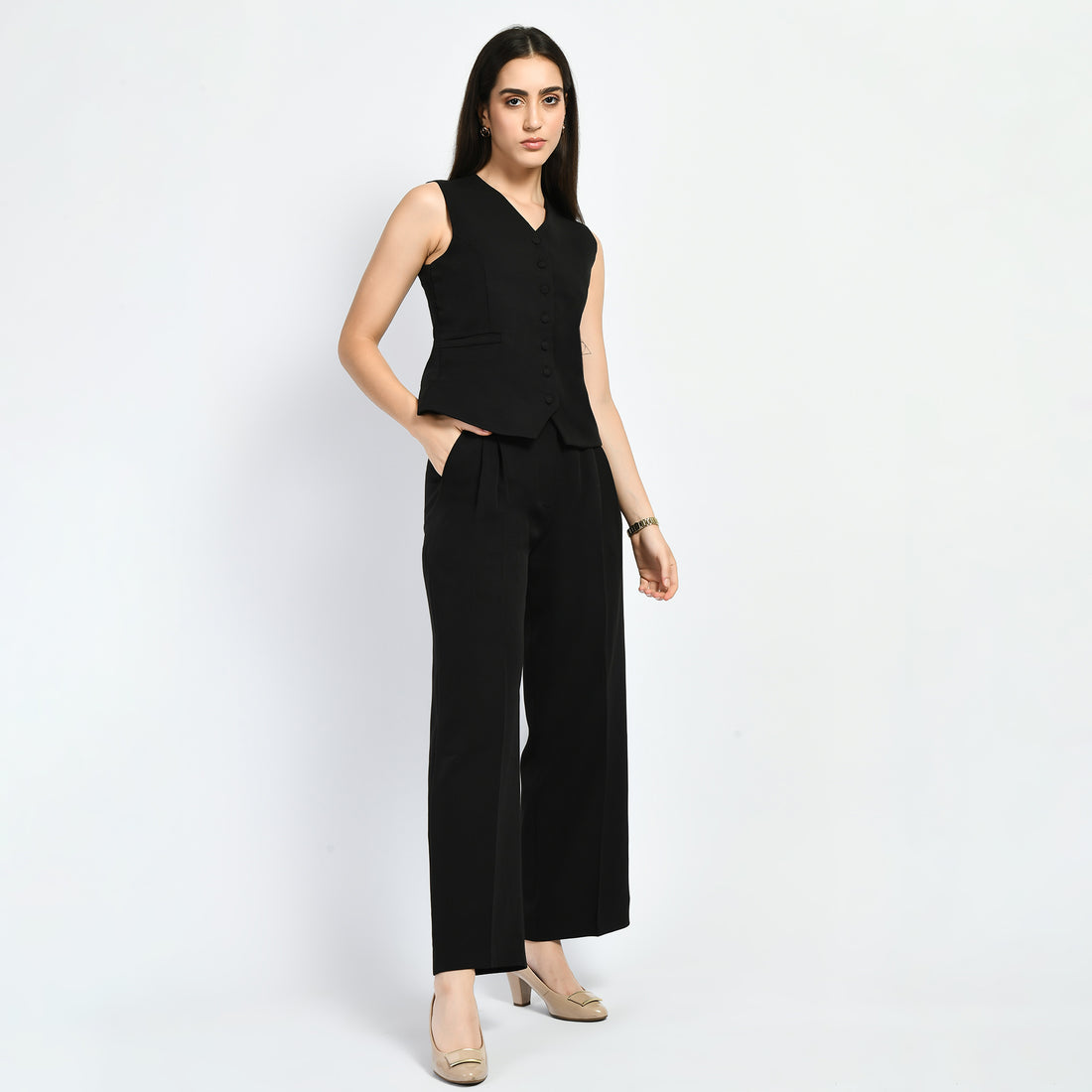 Exude Elusiveness Solid Wide Leg Trousers With Waist-Coat Top Co-ord (Black)
