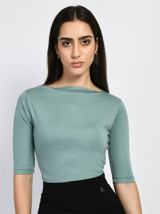 Exude Magic Boat Neck T-shirt Cyan Blue T-Shirts