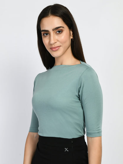 Exude Magic Boat Neck T-shirt Cyan Blue T-Shirts