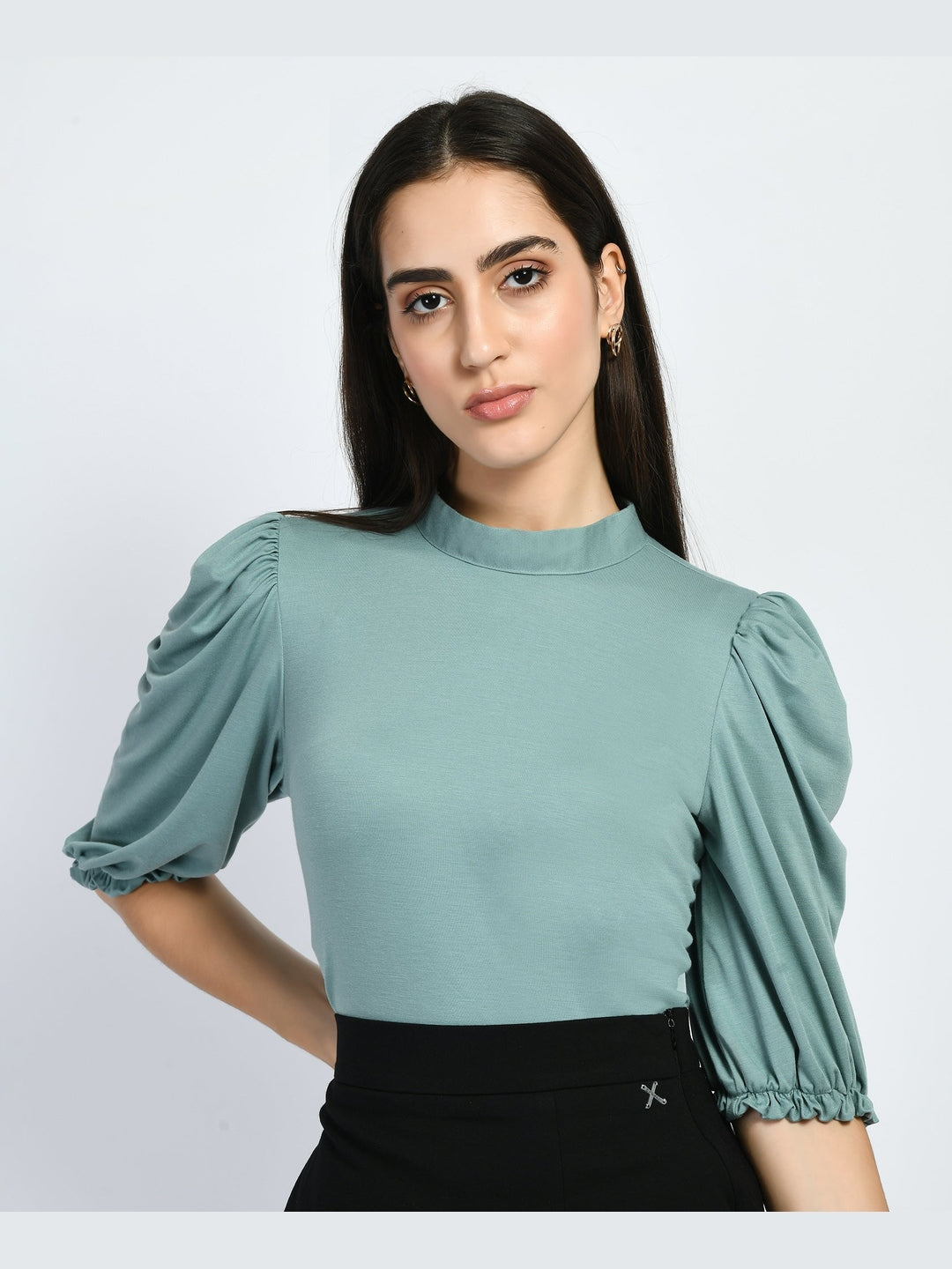 Exude Glamour Puffed Sleeves T-shirt Cyan Blue T-Shirts