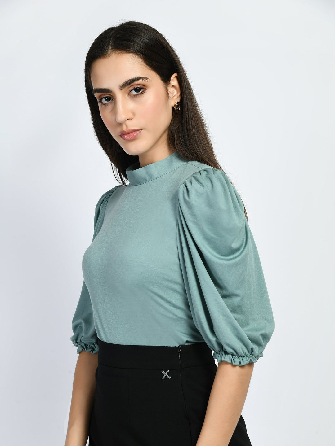 Exude Glamour Puffed Sleeves T-shirt Cyan Blue T-Shirts