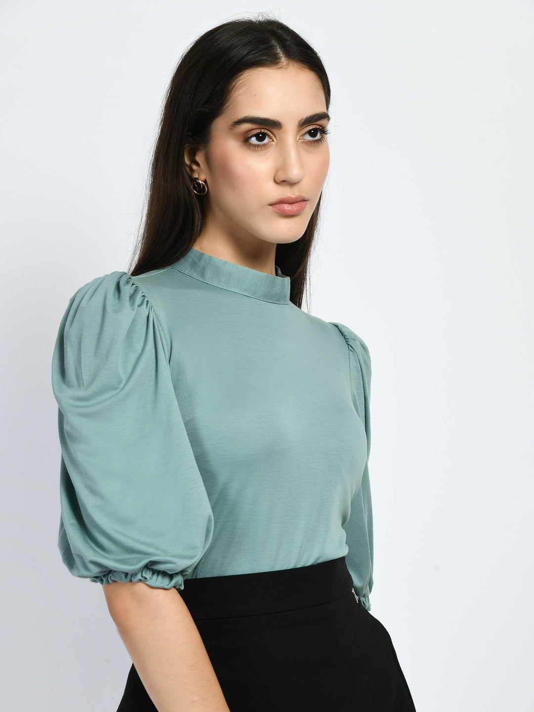 Exude Glamour Puffed Sleeves T-shirt Cyan Blue T-Shirts