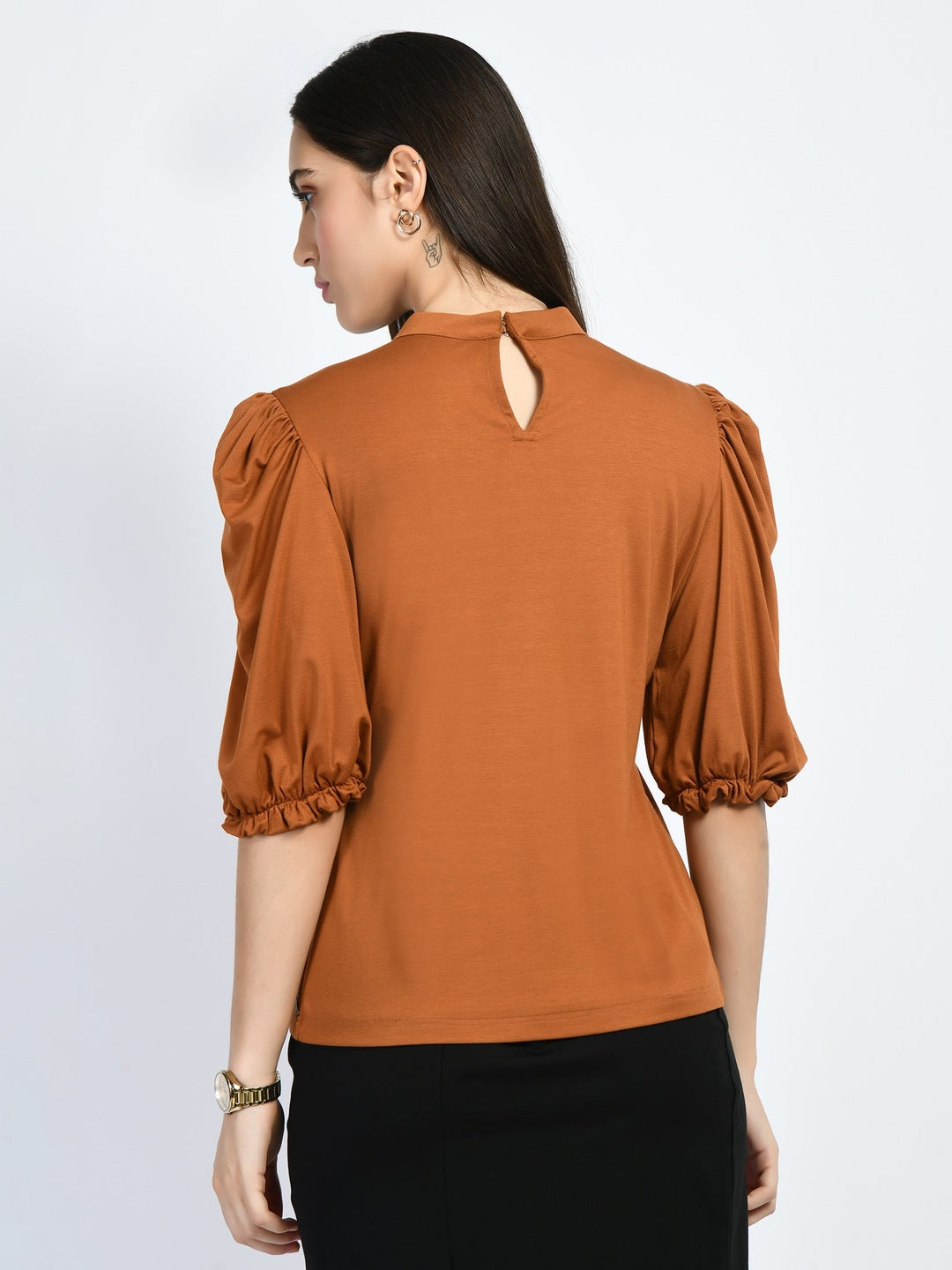 Exude Glamour Puffed Sleeves T-shirt Tan Brown T-Shirts