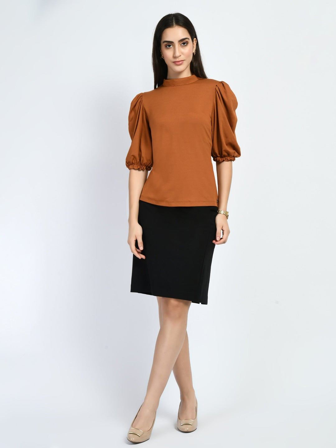 Exude Glamour Puffed Sleeves T-shirt Tan Brown T-Shirts
