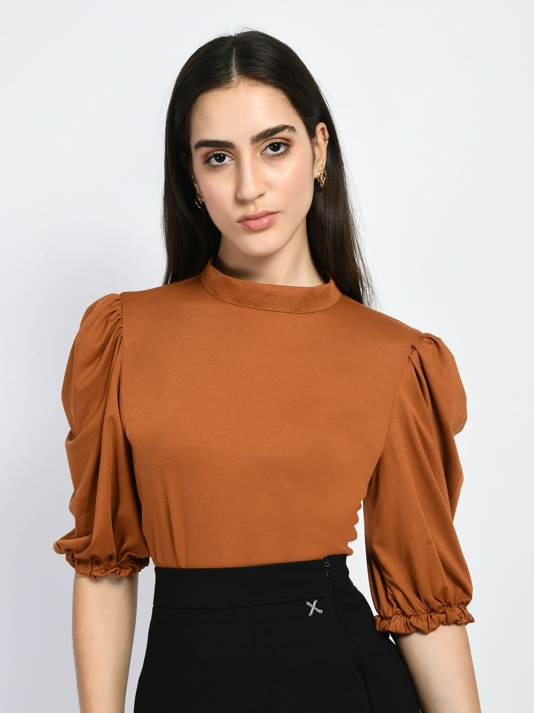 Exude Glamour Puffed Sleeves T-shirt Tan Brown T-Shirts