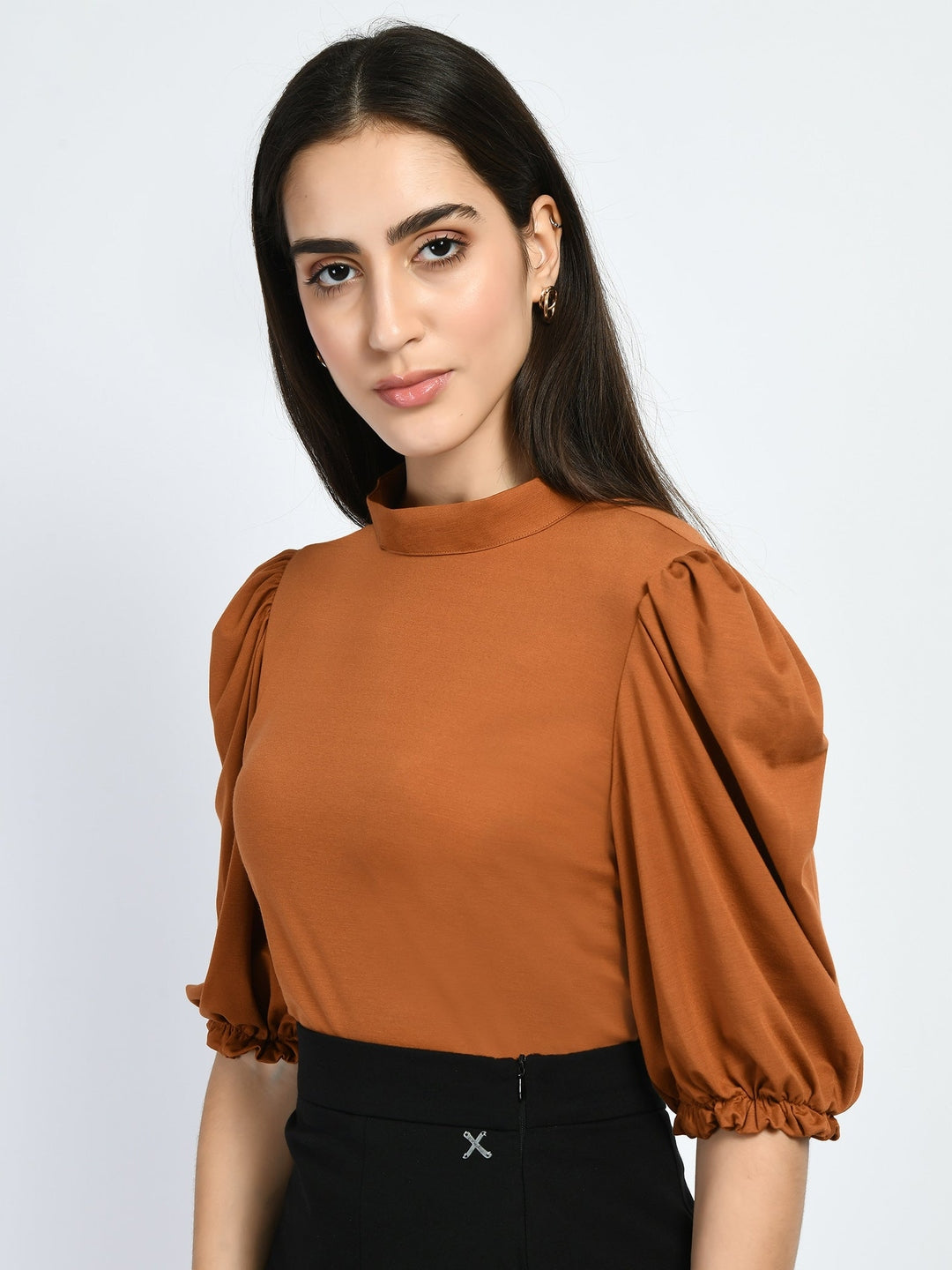 Exude Glamour Puffed Sleeves T-shirt Tan Brown T-Shirts