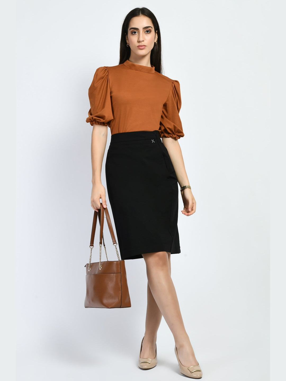 Exude Glamour Puffed Sleeves T-shirt Tan Brown T-Shirts