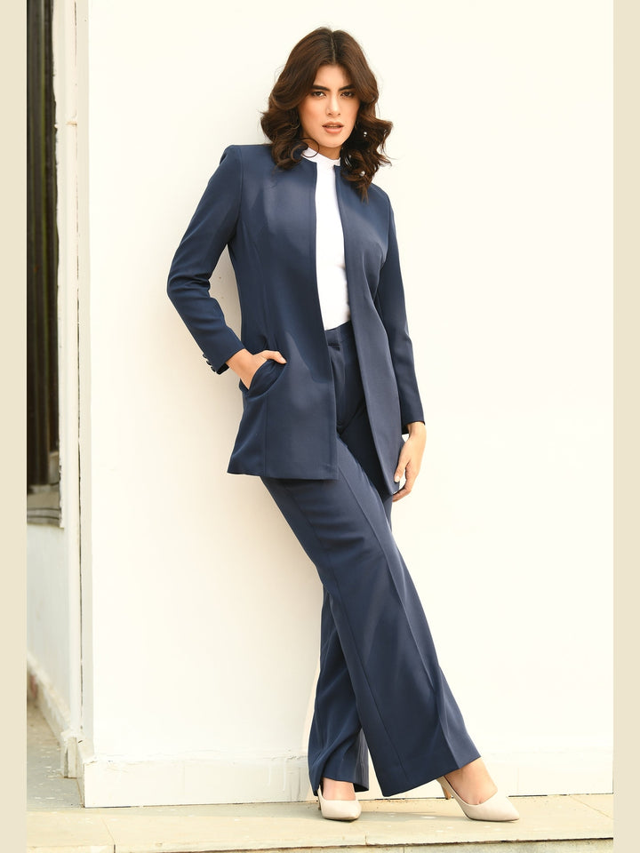 Exude Mastery Solid Long Blazer with Bootcut Trousers Navy Co-ord Sets