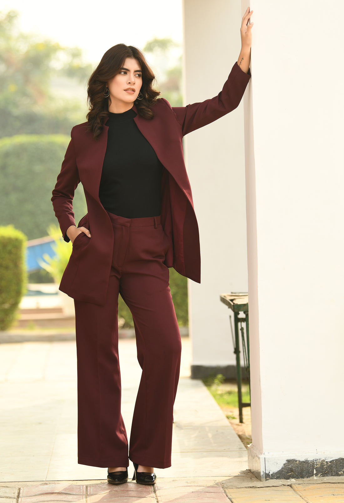 Exude Eminence Solid Bootcut Trousers (Wine)