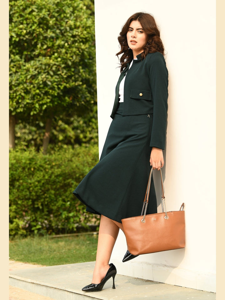 Exude Exuberant Mandarin Collar Blazer with Midi A-line Skirt Emerald Green Co-ord Sets