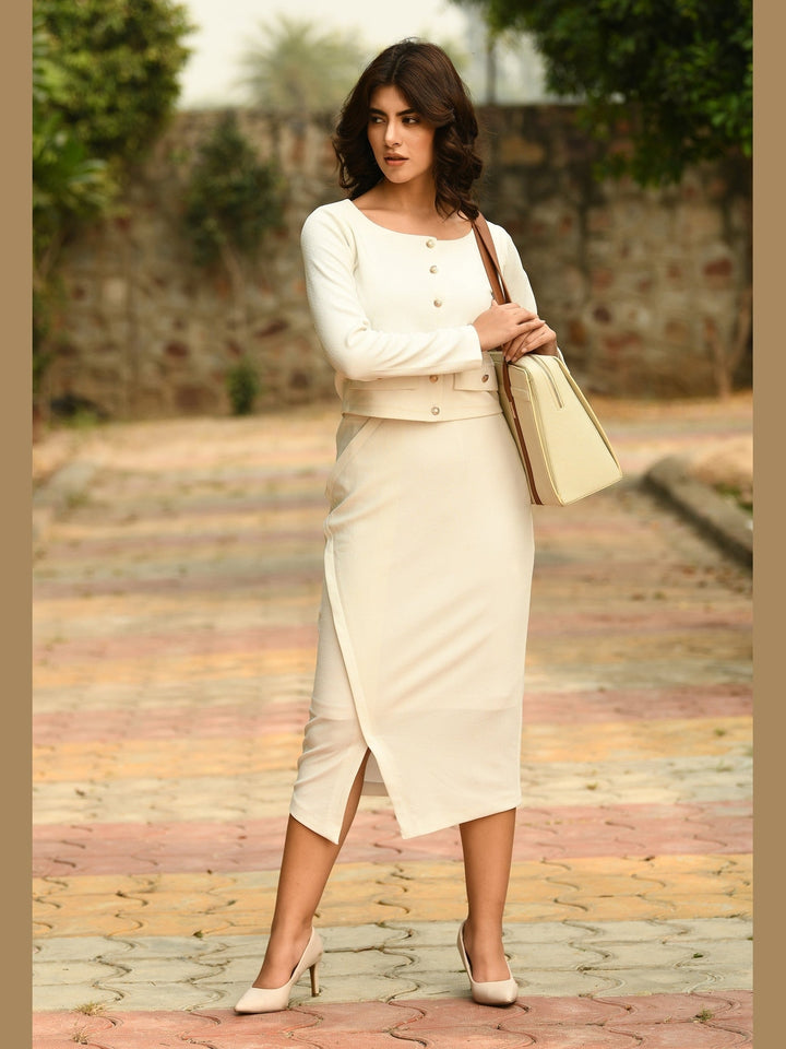 Exude Invincible Crop Blazer Top with Front Slit Midi Skirt White Co-ord Sets