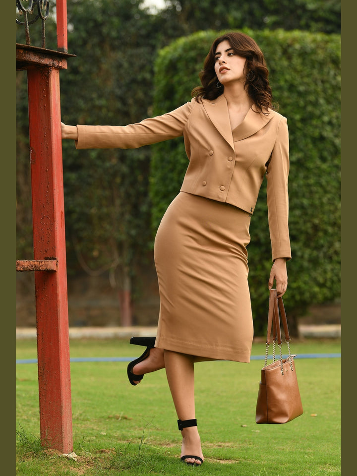 Exude Marvelous Pencil Midi Skirt Beige Skirts