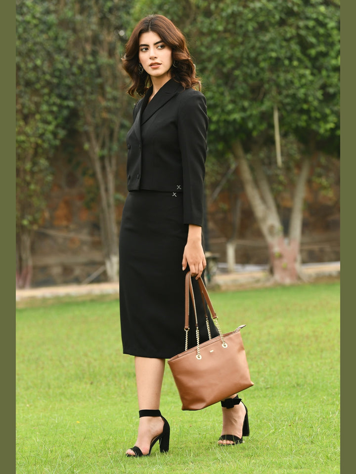 Exude Self-assurance Double-breasted Crop Blazer Top with Pencil Skirt Black Co-ord Sets