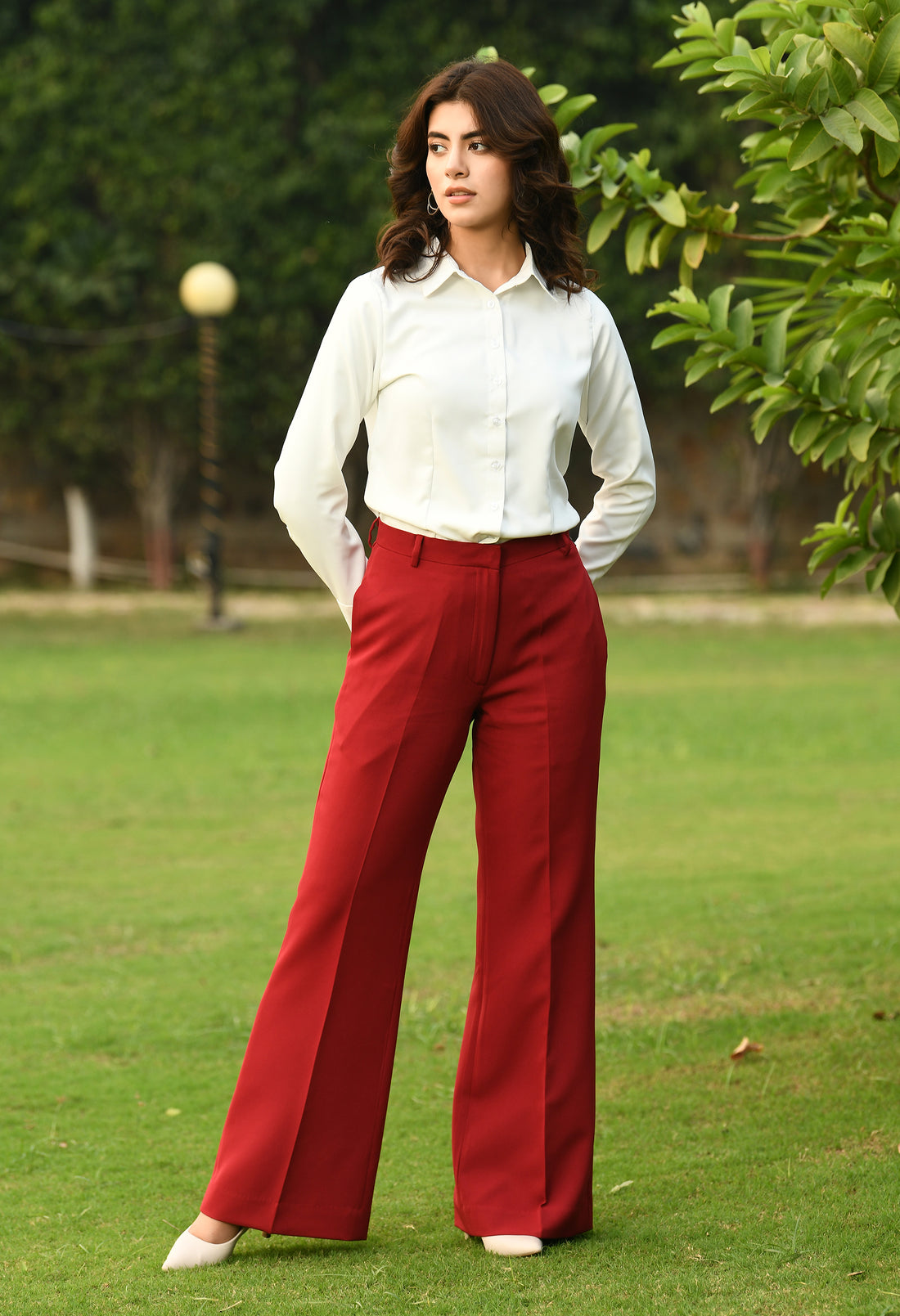 Exude Eminence Solid Bootcut Trousers (Red)
