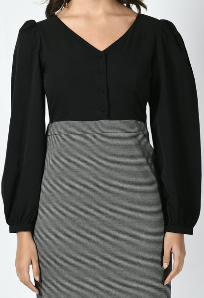 Exude Style Colour Blocked Sheath Dress (Charcoal Black + Black)
