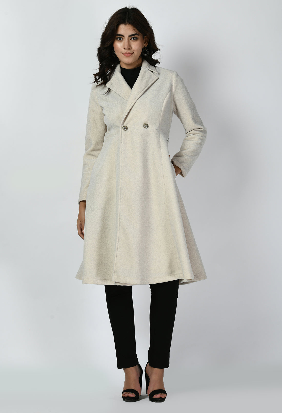 Exude Ferocity Wool-Blend A-line Long Coat (Off White)