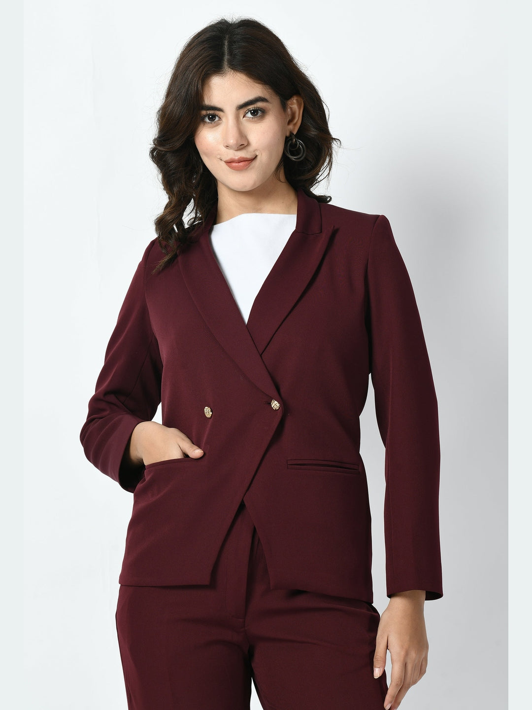 Exude Vitality Formal Blazer with Bootcut Trousers Wine Co-ord Sets