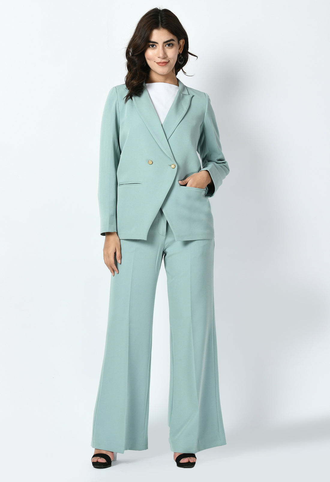 Exude Vitality Formal Blazer with Bootcut Trousers (Cyan Blue)