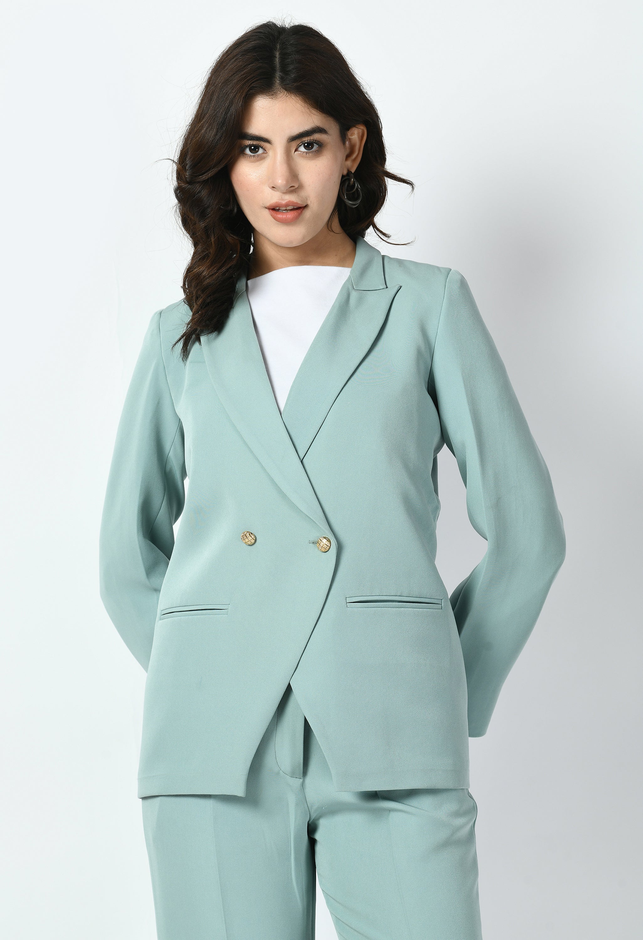 Exude Vitality Formal Blazer with Bootcut Trousers (Cyan Blue)