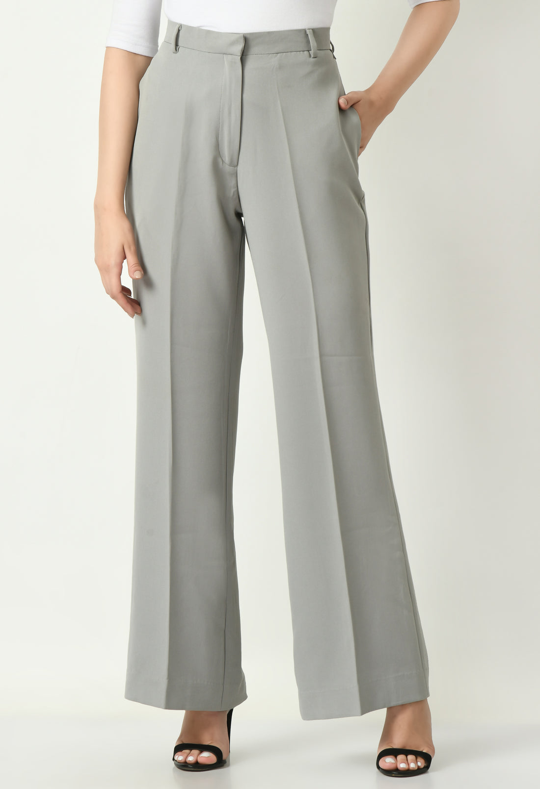 Exude Eminence Solid Bootcut Trousers (Grey)