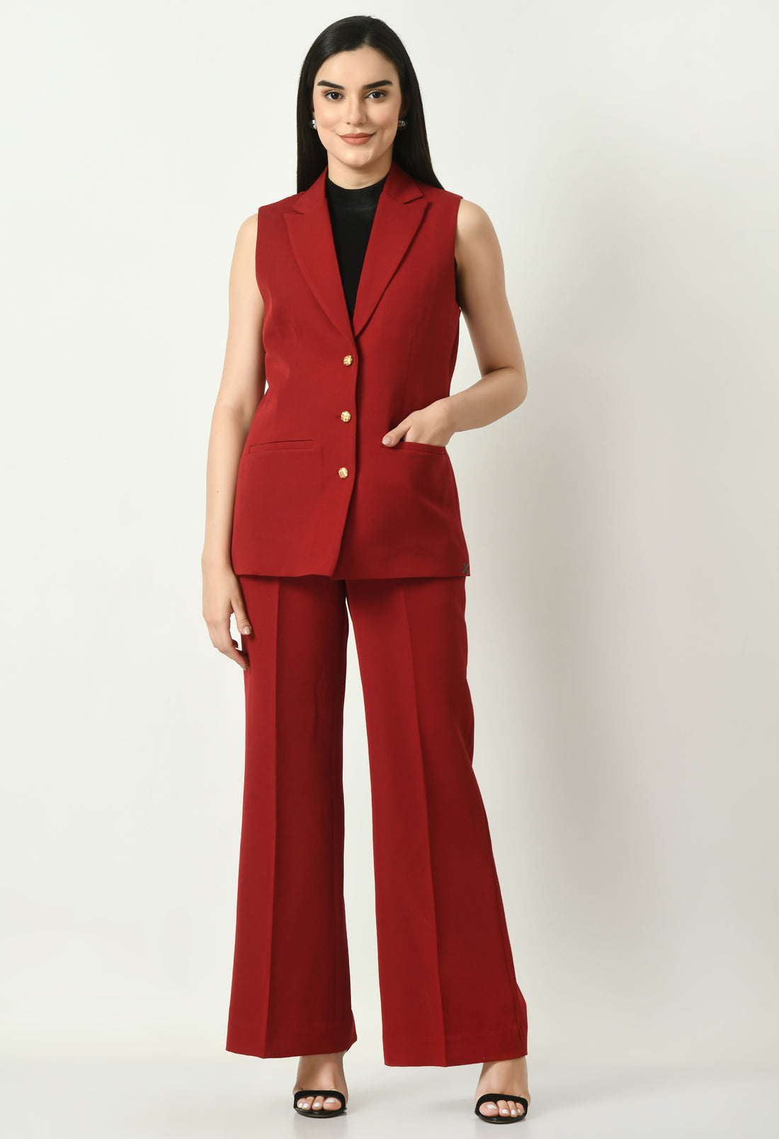 Exude Aspiration Sleeveless Blazer with Bootcut Trousers (Red)