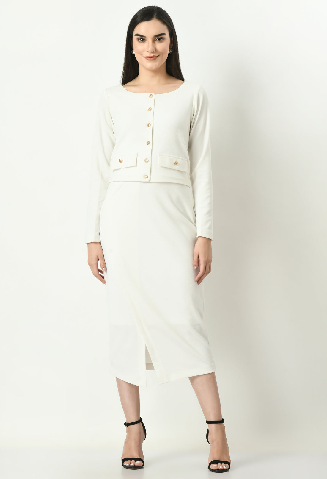 Exude Invincible Crop Blazer Top with Front Slit Midi Skirt (White)
