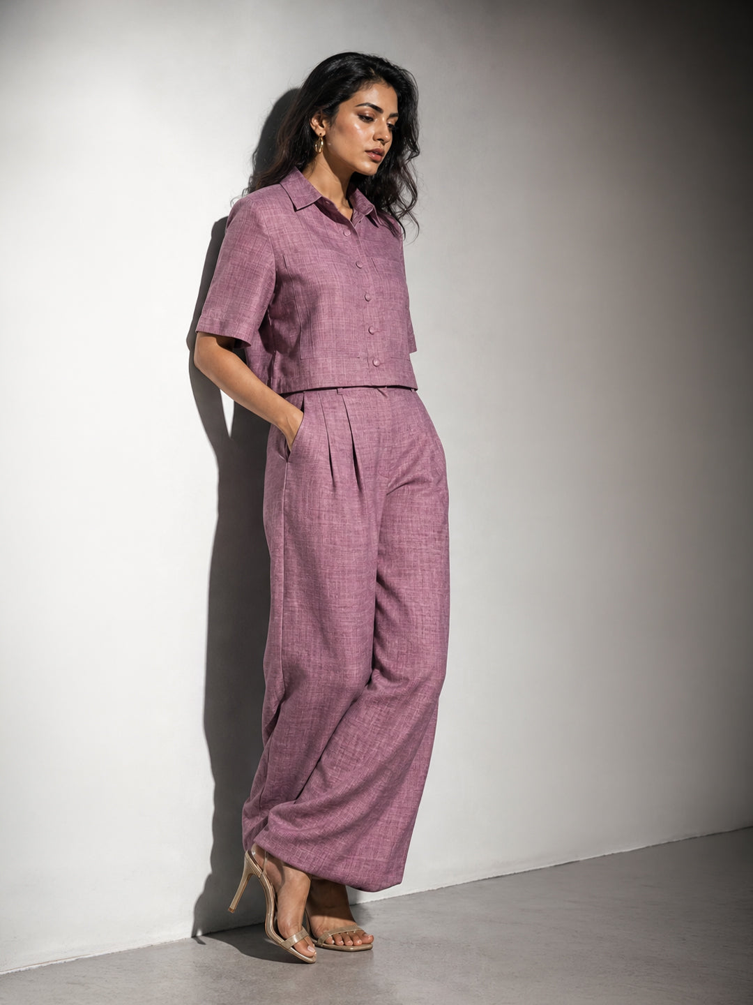 Mauve Linen Shirt &amp; Wide-Leg Pants Co-ord Set