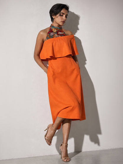 Orange Halter Neck Ruffle Midi Dress