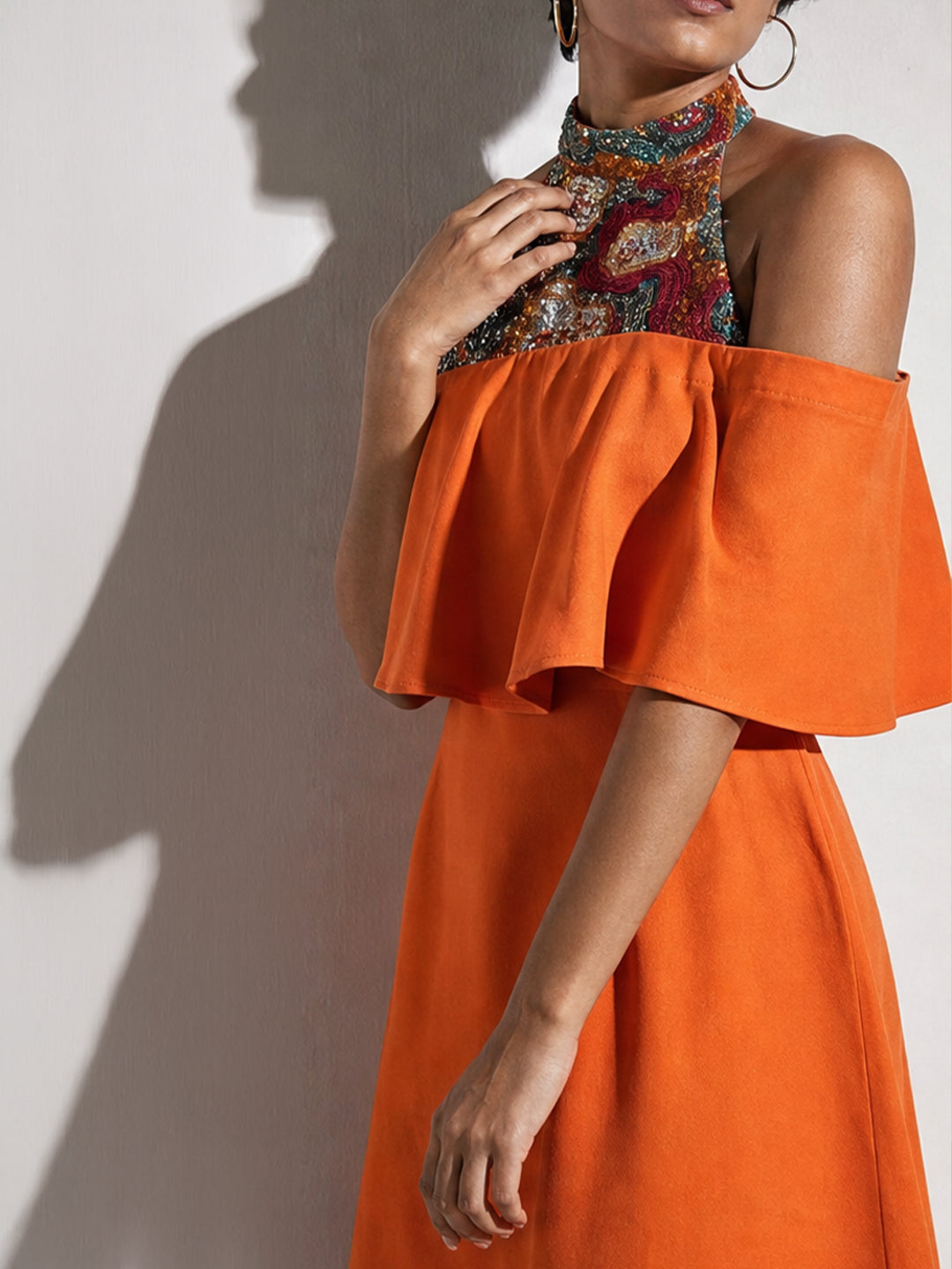Orange Halter Neck Ruffle Midi Dress