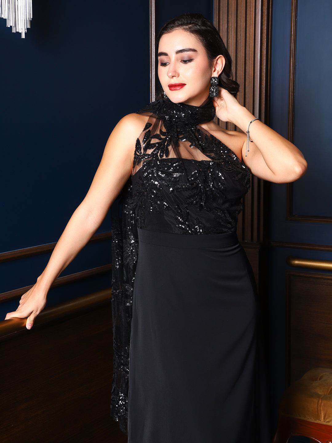 Exude Midnight Grace Sequin Halter Gown