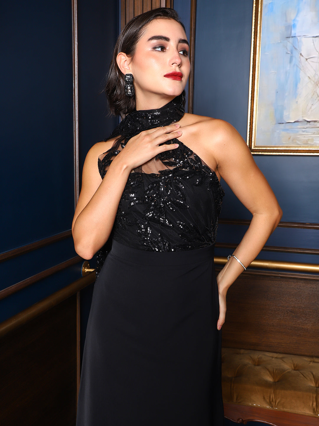 Exude Midnight Grace Sequin Halter Gown