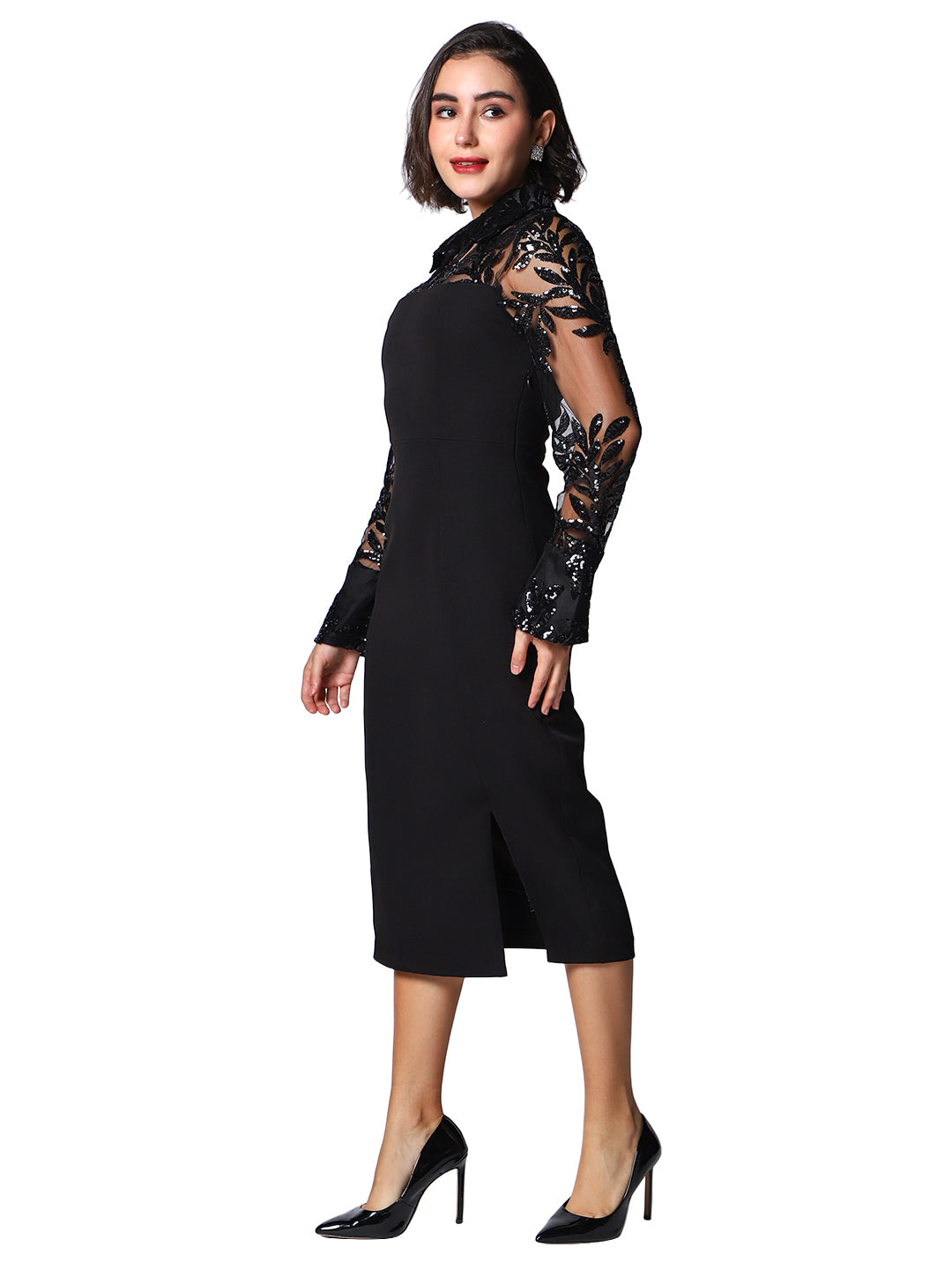 Exude Marina Noir Sequin Sheer-Sleeve Dress