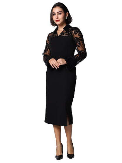 Exude Marina Noir Sequin Sheer-Sleeve Dress