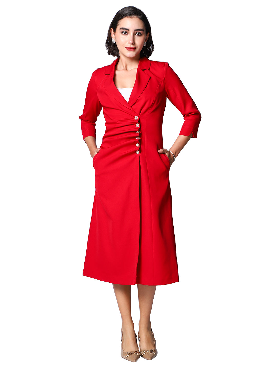 Exude Red Empress Structured Midi Blazer Dress