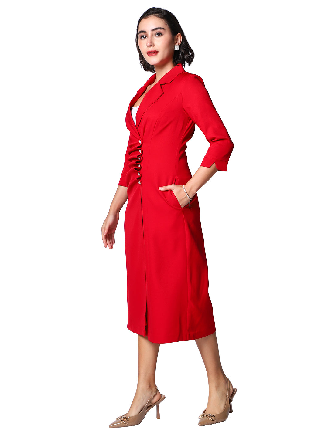 Exude Red Empress Structured Midi Blazer Dress