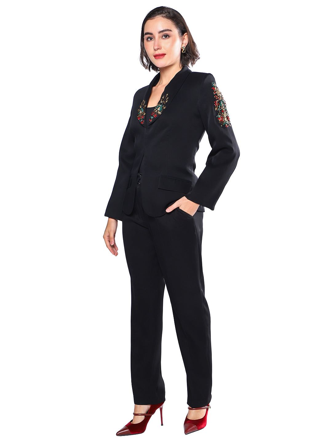 Exude Noir Blossom Embroidered Pantsuit
