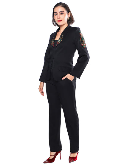 Exude Noir Blossom Embroidered Pantsuit
