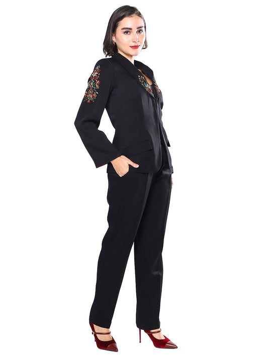 Exude Noir Blossom Embroidered Pantsuit