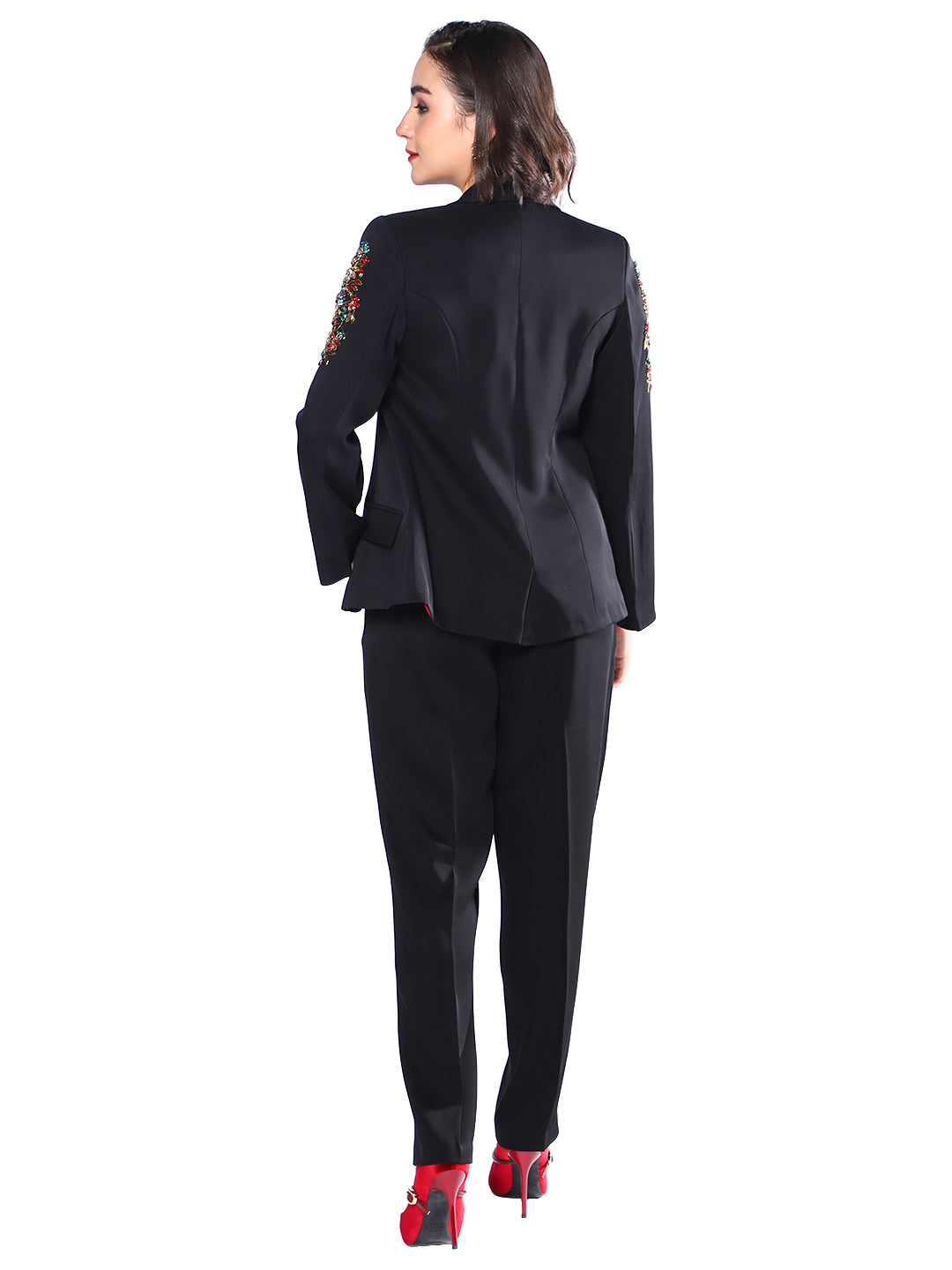 Exude Noir Blossom Embroidered Pantsuit