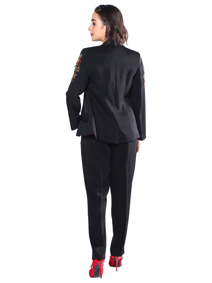Exude Noir Blossom Embroidered Pantsuit