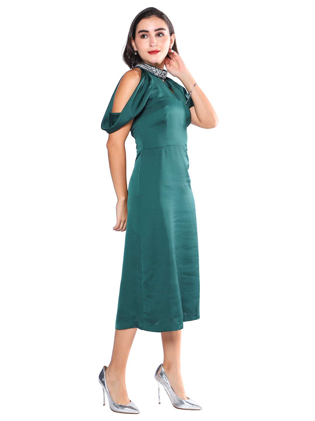 Exude Emerald Aura Cold-Shoulder Satin Dress