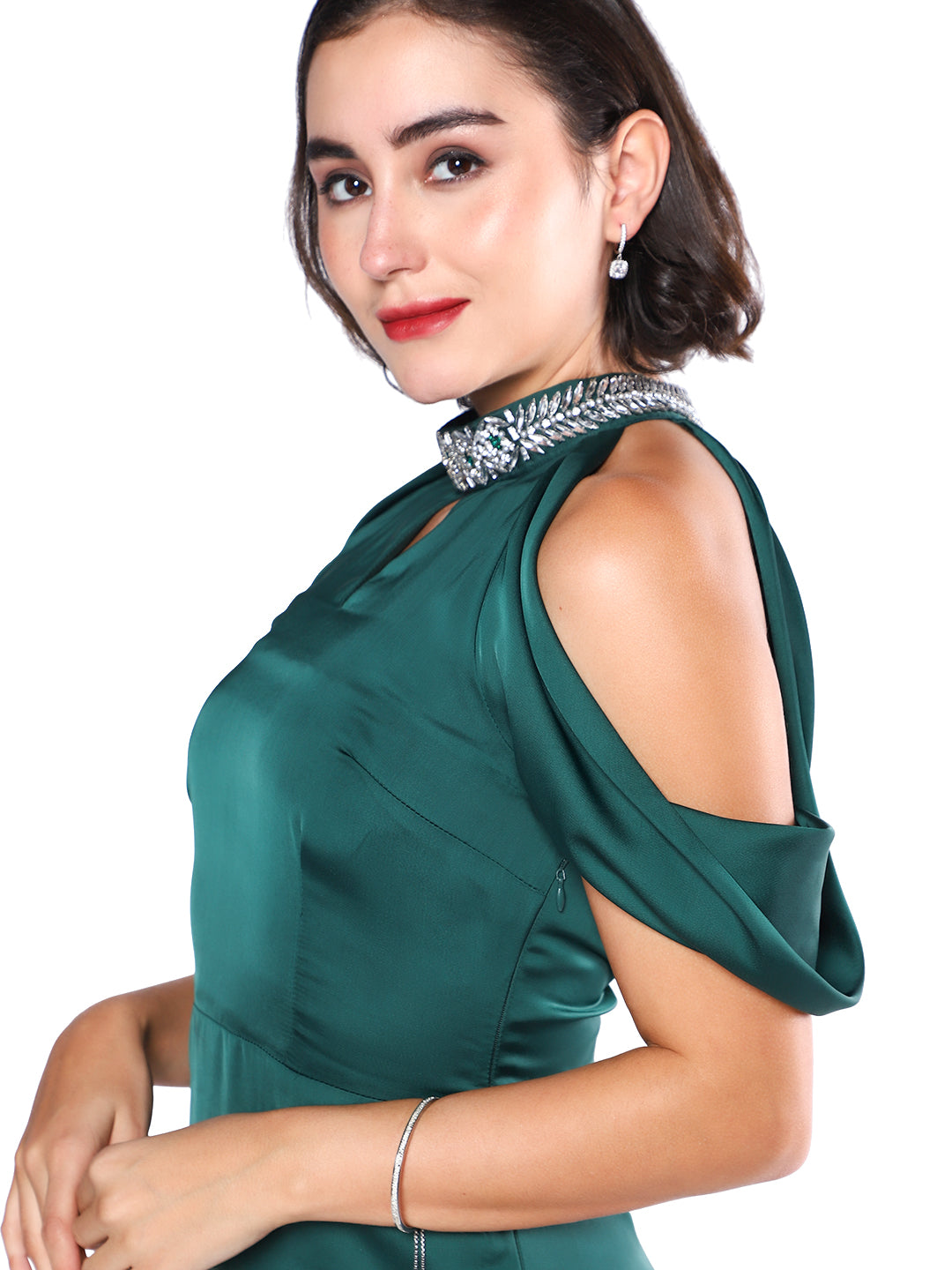 Exude Emerald Aura Cold-Shoulder Satin Dress
